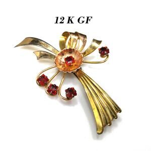 Vintage Iskin 12K GF Bow Brooch Red Rhinestone Flower 1940s